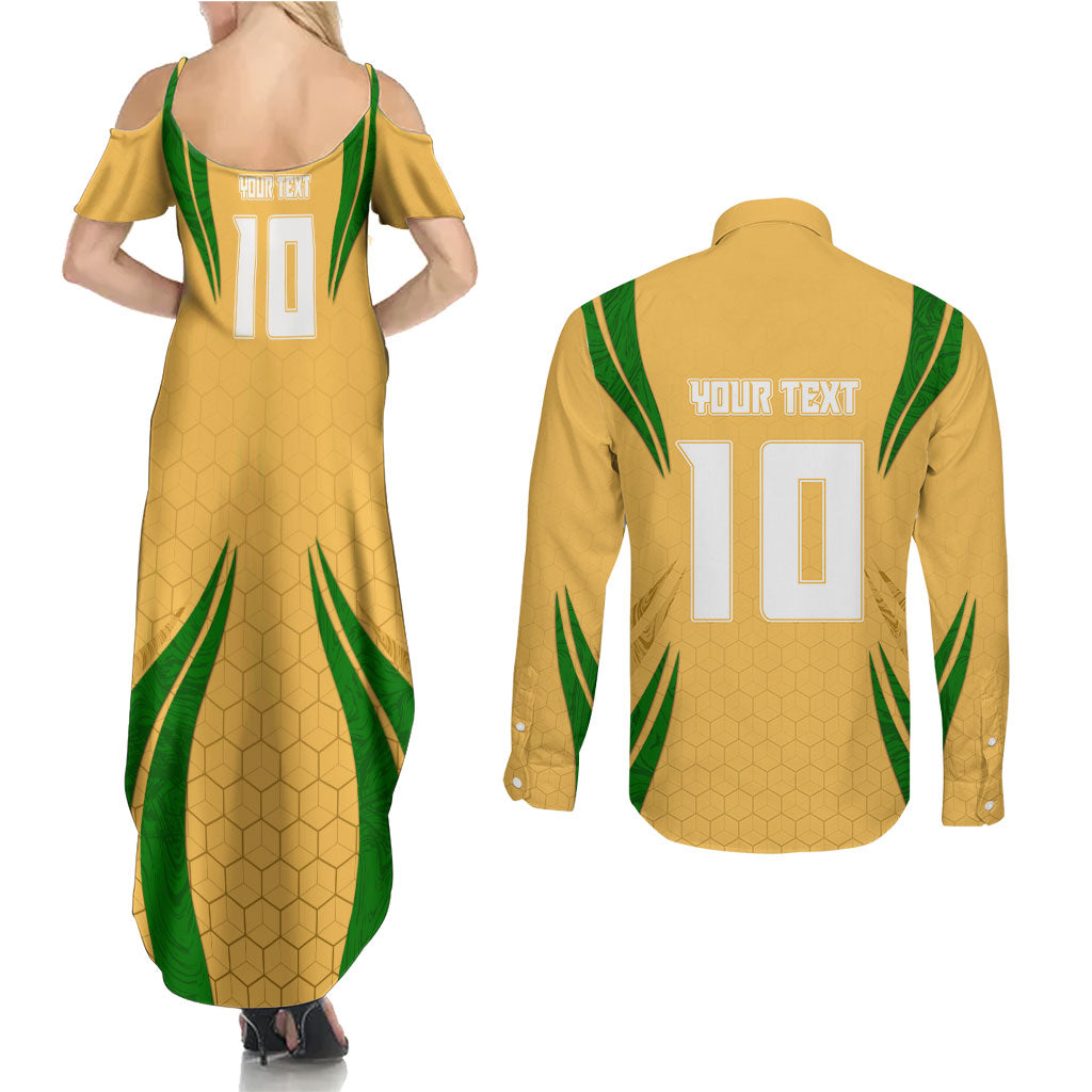 Personalized Australia Soccer Kangaroo Couples Matching Summer Maxi Dress and Long Sleeve Button Shirt Gold Green Aussie Football Mascot Dynamic Sports Graphic