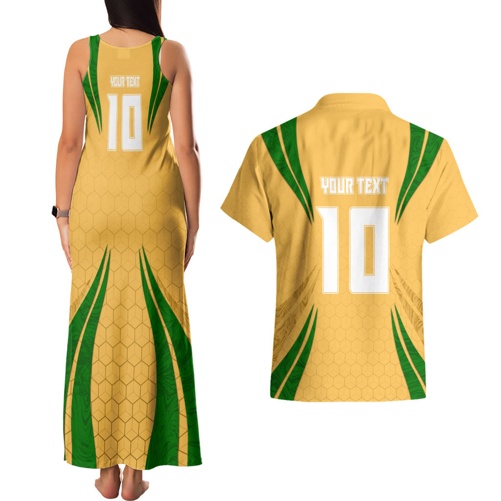 Personalized Australia Soccer Kangaroo Couples Matching Tank Maxi Dress and Hawaiian Shirt Gold Green Aussie Football Mascot Dynamic Sports Graphic