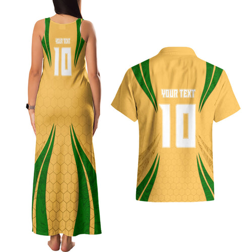 Personalized Australia Soccer Kangaroo Couples Matching Tank Maxi Dress and Hawaiian Shirt Gold Green Aussie Football Mascot Dynamic Sports Graphic