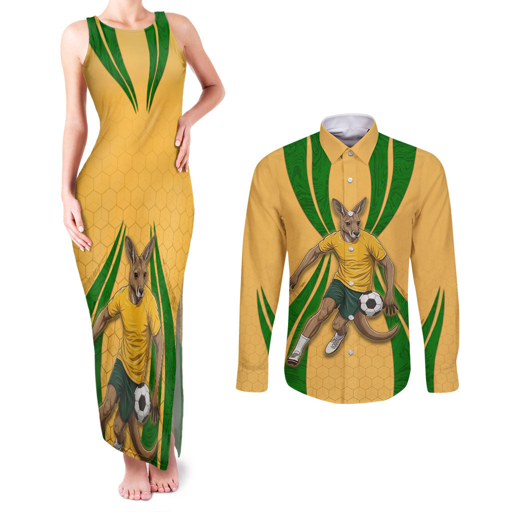 Personalized Australia Soccer Kangaroo Couples Matching Tank Maxi Dress and Long Sleeve Button Shirt Gold Green Aussie Football Mascot Dynamic Sports Graphic