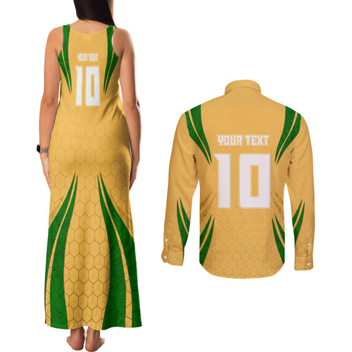 Personalized Australia Soccer Kangaroo Couples Matching Tank Maxi Dress and Long Sleeve Button Shirt Gold Green Aussie Football Mascot Dynamic Sports Graphic