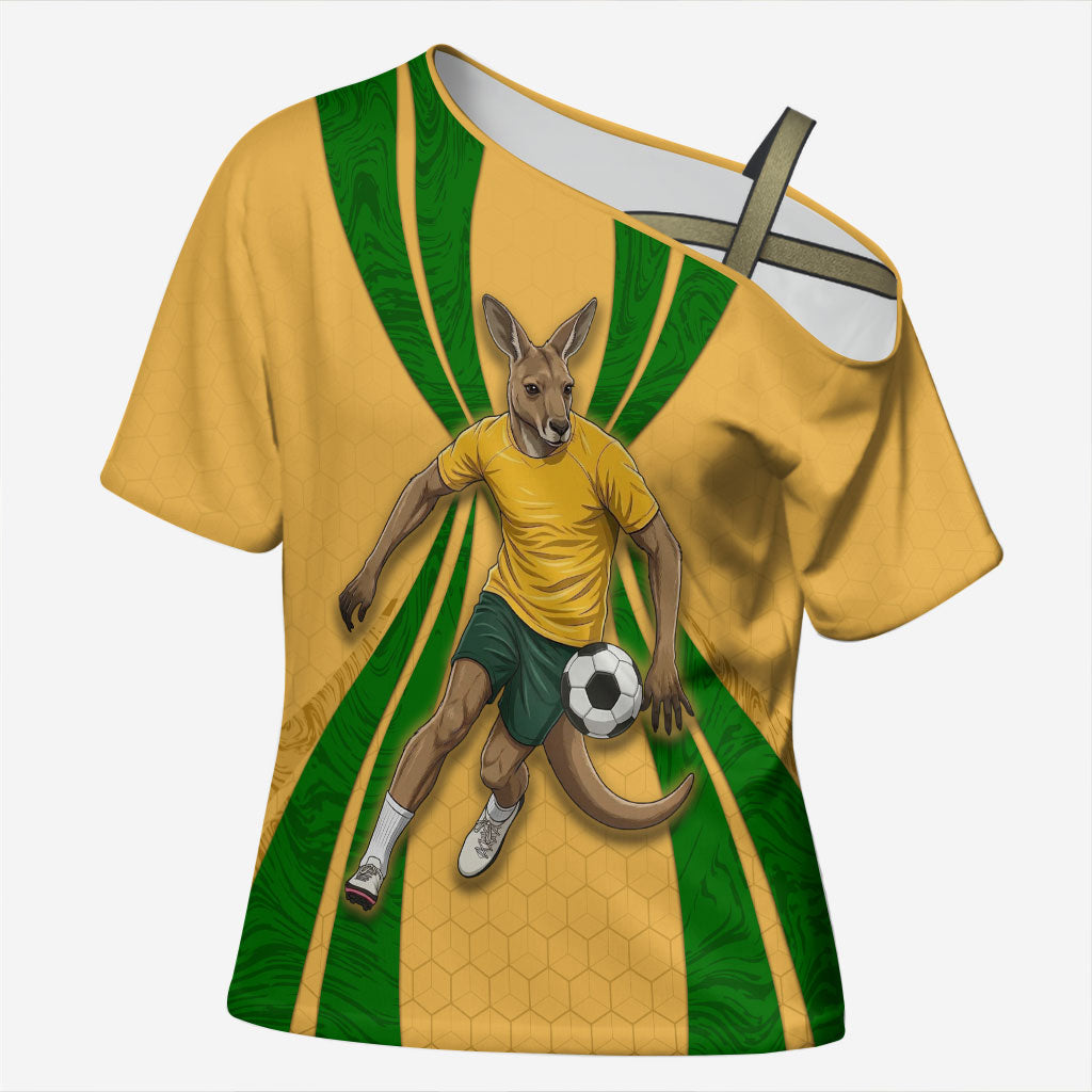 Personalized Australia Soccer Kangaroo Cross Shoulder Shirt Gold Green Aussie Football Mascot Dynamic Sports Graphic