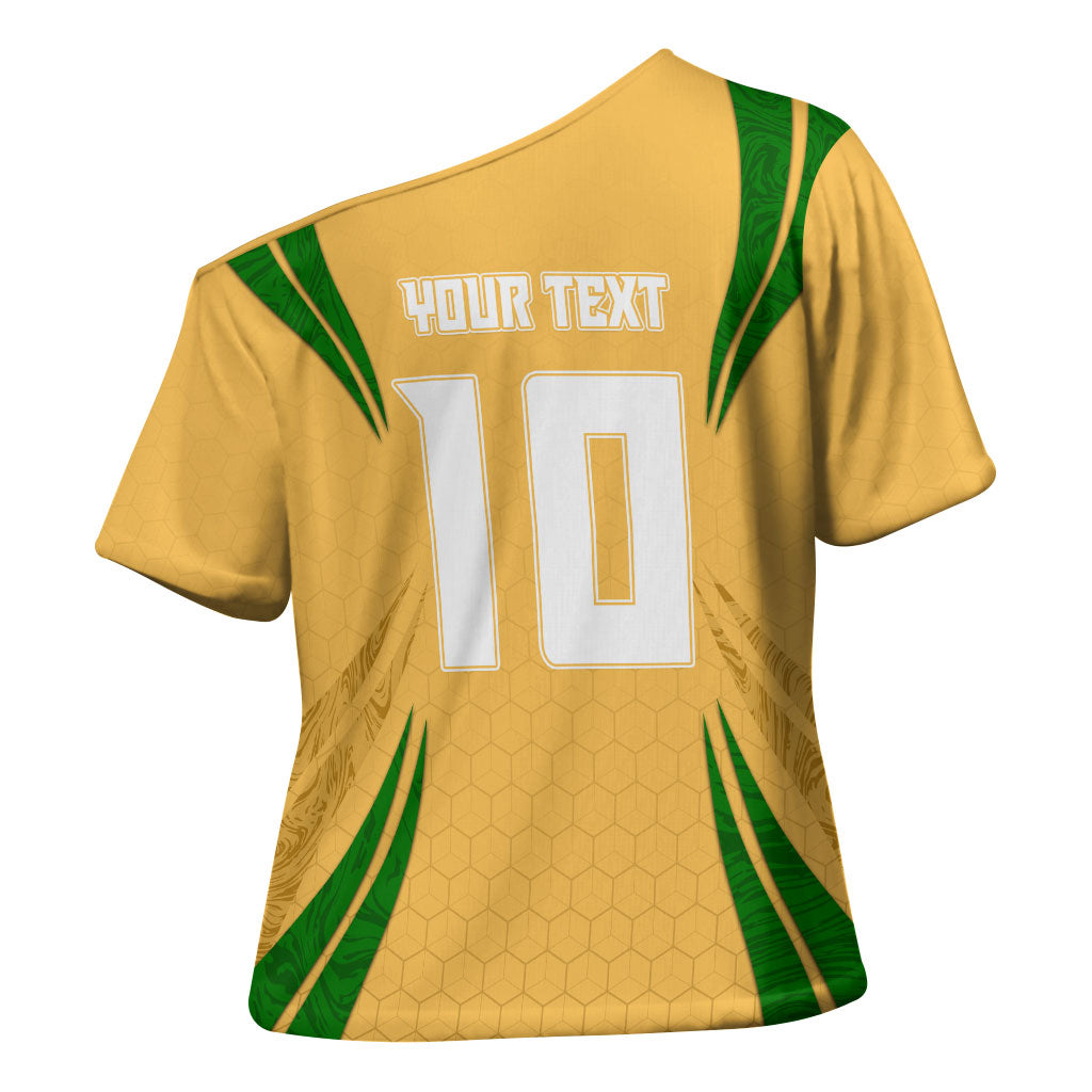 Personalized Australia Soccer Kangaroo Cross Shoulder Shirt Gold Green Aussie Football Mascot Dynamic Sports Graphic
