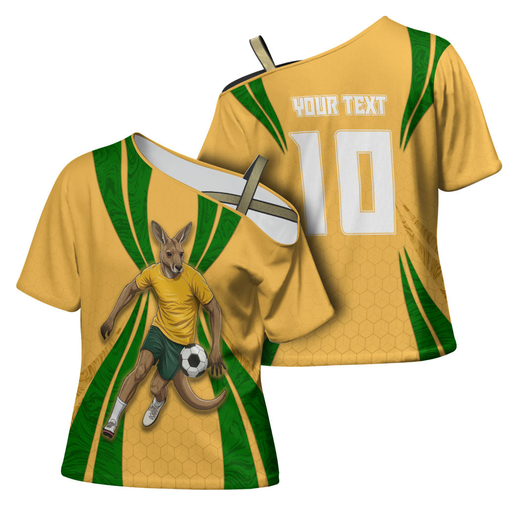 Personalized Australia Soccer Kangaroo Cross Shoulder Shirt Gold Green Aussie Football Mascot Dynamic Sports Graphic