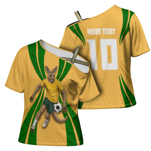 Personalized Australia Soccer Kangaroo Cross Shoulder Shirt Gold Green Aussie Football Mascot Dynamic Sports Graphic