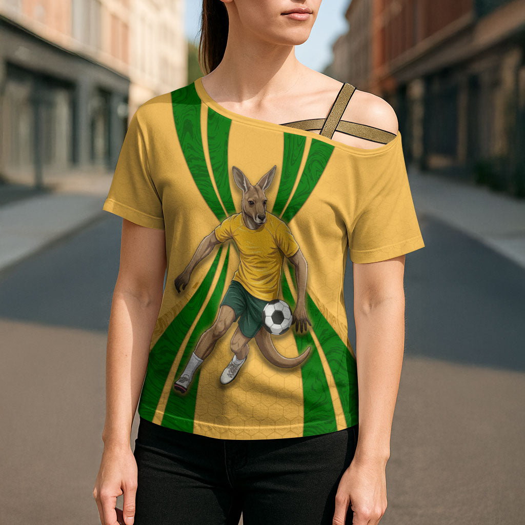 Personalized Australia Soccer Kangaroo Cross Shoulder Shirt Gold Green Aussie Football Mascot Dynamic Sports Graphic