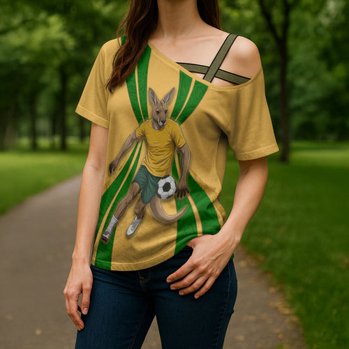 Personalized Australia Soccer Kangaroo Cross Shoulder Shirt Gold Green Aussie Football Mascot Dynamic Sports Graphic