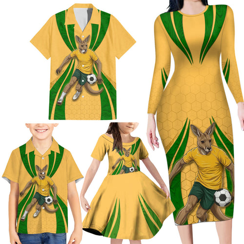 Personalized Australia Soccer Kangaroo Family Matching Long Sleeve Bodycon Dress and Hawaiian Shirt Gold Green Aussie Football Mascot Dynamic Sports Graphic