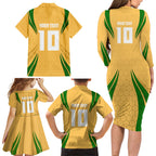 Personalized Australia Soccer Kangaroo Family Matching Long Sleeve Bodycon Dress and Hawaiian Shirt Gold Green Aussie Football Mascot Dynamic Sports Graphic