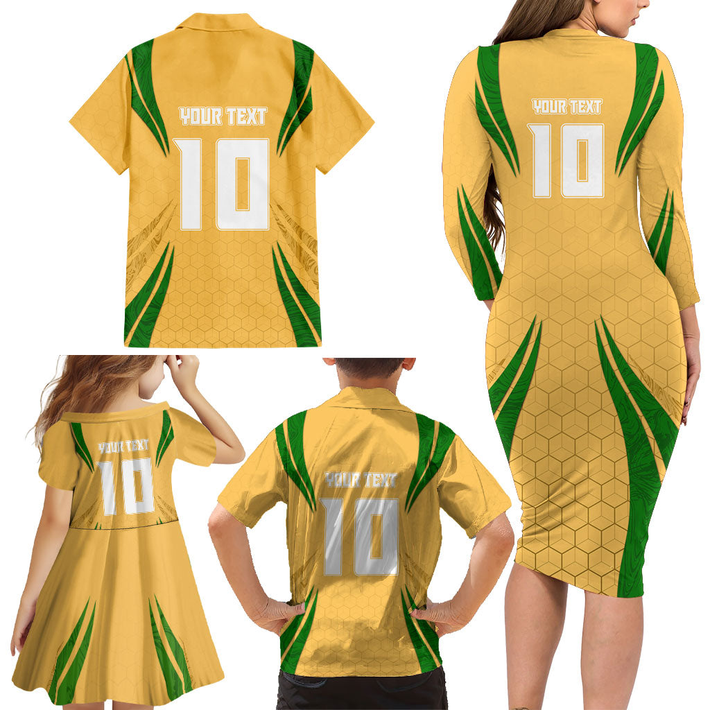 Personalized Australia Soccer Kangaroo Family Matching Long Sleeve Bodycon Dress and Hawaiian Shirt Gold Green Aussie Football Mascot Dynamic Sports Graphic