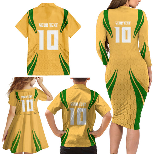 Personalized Australia Soccer Kangaroo Family Matching Long Sleeve Bodycon Dress and Hawaiian Shirt Gold Green Aussie Football Mascot Dynamic Sports Graphic