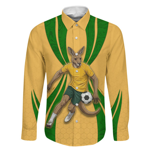 Personalized Australia Soccer Kangaroo Family Matching Long Sleeve Bodycon Dress and Hawaiian Shirt Gold Green Aussie Football Mascot Dynamic Sports Graphic