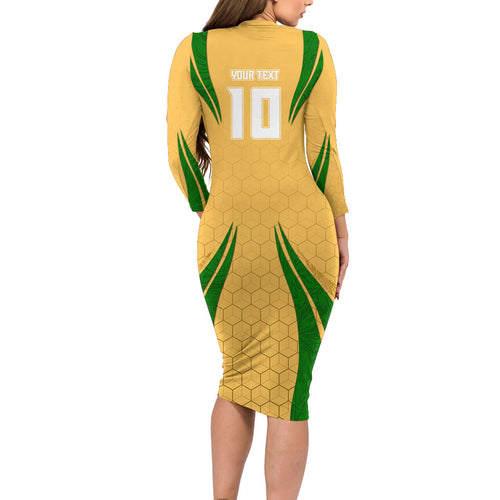 Personalized Australia Soccer Kangaroo Family Matching Long Sleeve Bodycon Dress and Hawaiian Shirt Gold Green Aussie Football Mascot Dynamic Sports Graphic