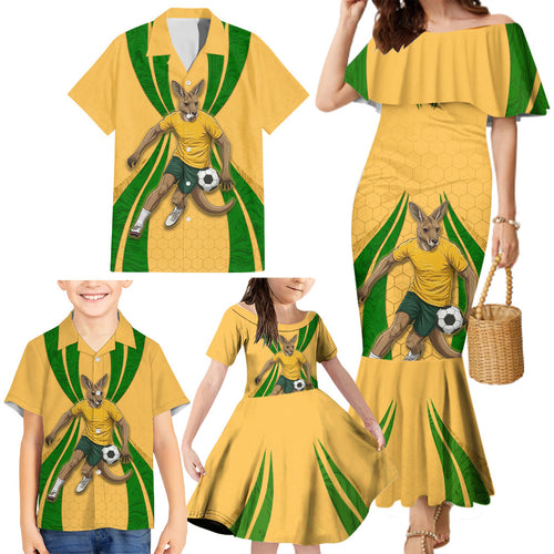 Personalized Australia Soccer Kangaroo Family Matching Mermaid Dress and Hawaiian Shirt Gold Green Aussie Football Mascot Dynamic Sports Graphic