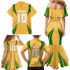 Personalized Australia Soccer Kangaroo Family Matching Mermaid Dress and Hawaiian Shirt Gold Green Aussie Football Mascot Dynamic Sports Graphic