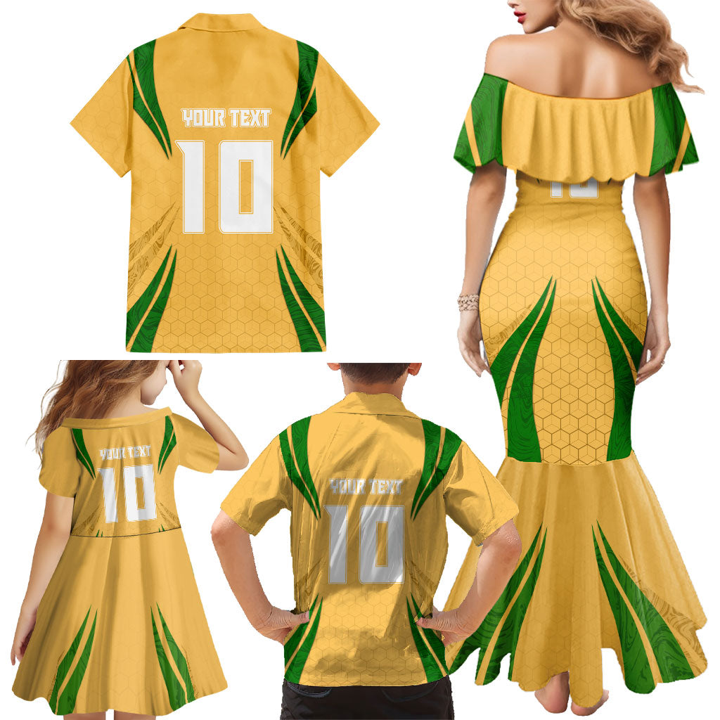 Personalized Australia Soccer Kangaroo Family Matching Mermaid Dress and Hawaiian Shirt Gold Green Aussie Football Mascot Dynamic Sports Graphic