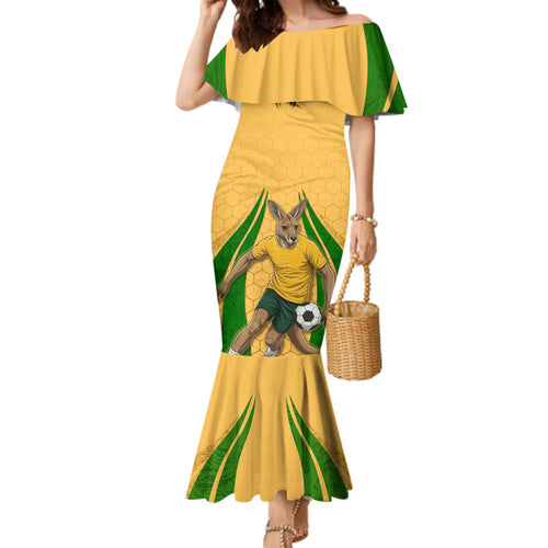 Personalized Australia Soccer Kangaroo Family Matching Mermaid Dress and Hawaiian Shirt Gold Green Aussie Football Mascot Dynamic Sports Graphic