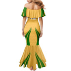 Personalized Australia Soccer Kangaroo Family Matching Mermaid Dress and Hawaiian Shirt Gold Green Aussie Football Mascot Dynamic Sports Graphic