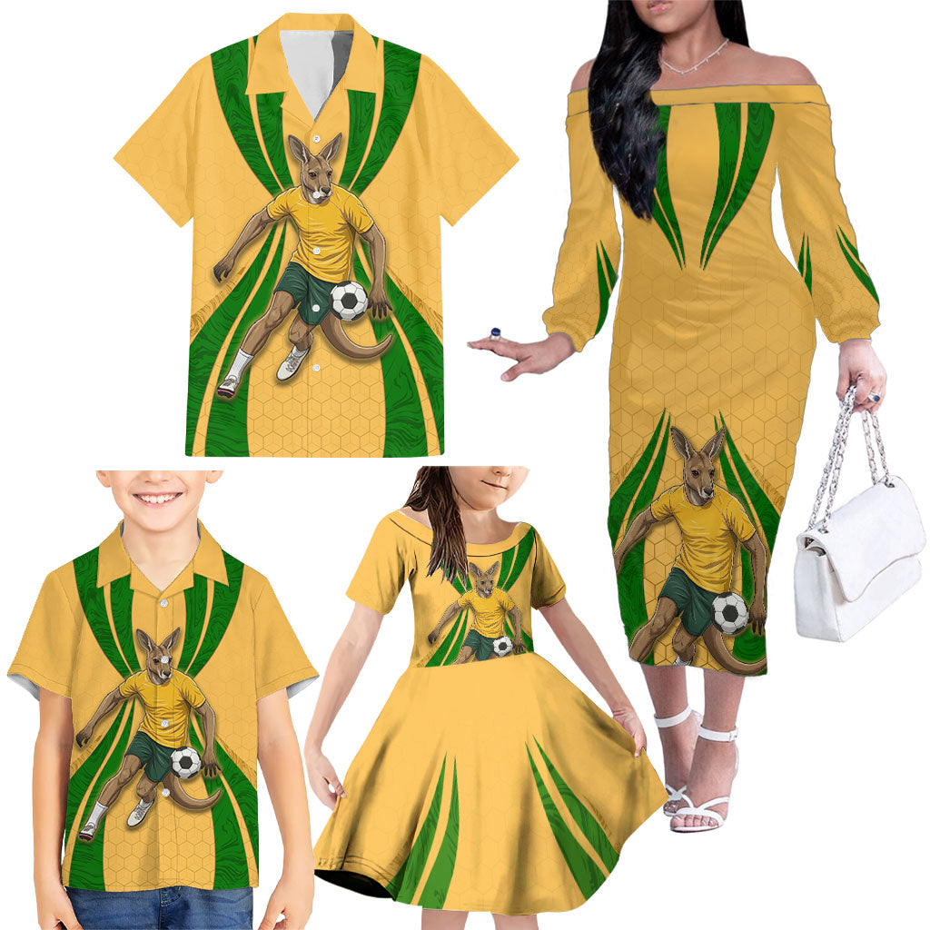 Personalized Australia Soccer Kangaroo Family Matching Off The Shoulder Long Sleeve Dress and Hawaiian Shirt Gold Green Aussie Football Mascot Dynamic Sports Graphic