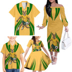 Personalized Australia Soccer Kangaroo Family Matching Off The Shoulder Long Sleeve Dress and Hawaiian Shirt Gold Green Aussie Football Mascot Dynamic Sports Graphic