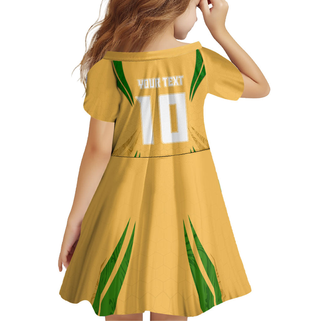 Personalized Australia Soccer Kangaroo Family Matching Off The Shoulder Long Sleeve Dress and Hawaiian Shirt Gold Green Aussie Football Mascot Dynamic Sports Graphic