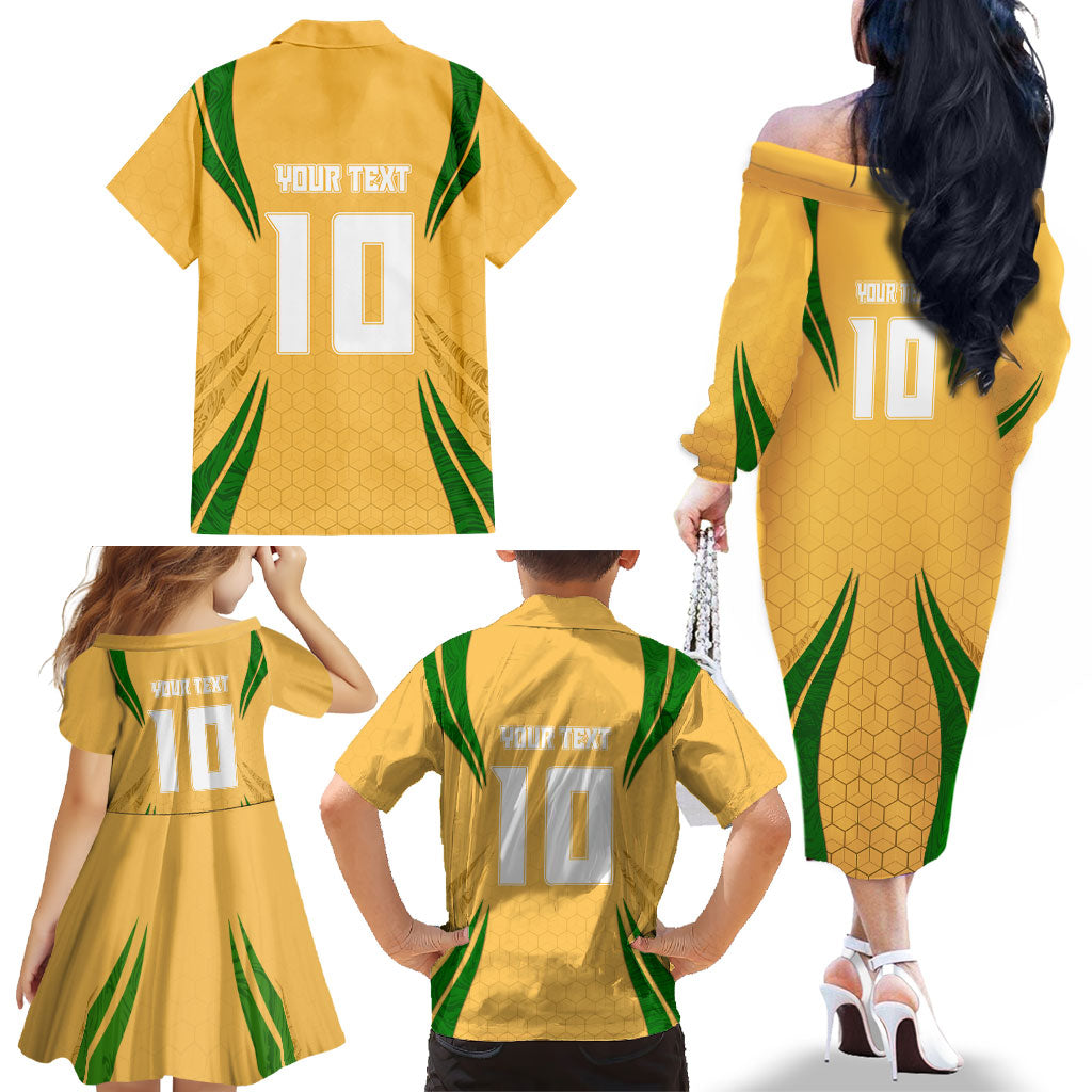 Personalized Australia Soccer Kangaroo Family Matching Off The Shoulder Long Sleeve Dress and Hawaiian Shirt Gold Green Aussie Football Mascot Dynamic Sports Graphic