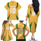 Personalized Australia Soccer Kangaroo Family Matching Off The Shoulder Long Sleeve Dress and Hawaiian Shirt Gold Green Aussie Football Mascot Dynamic Sports Graphic