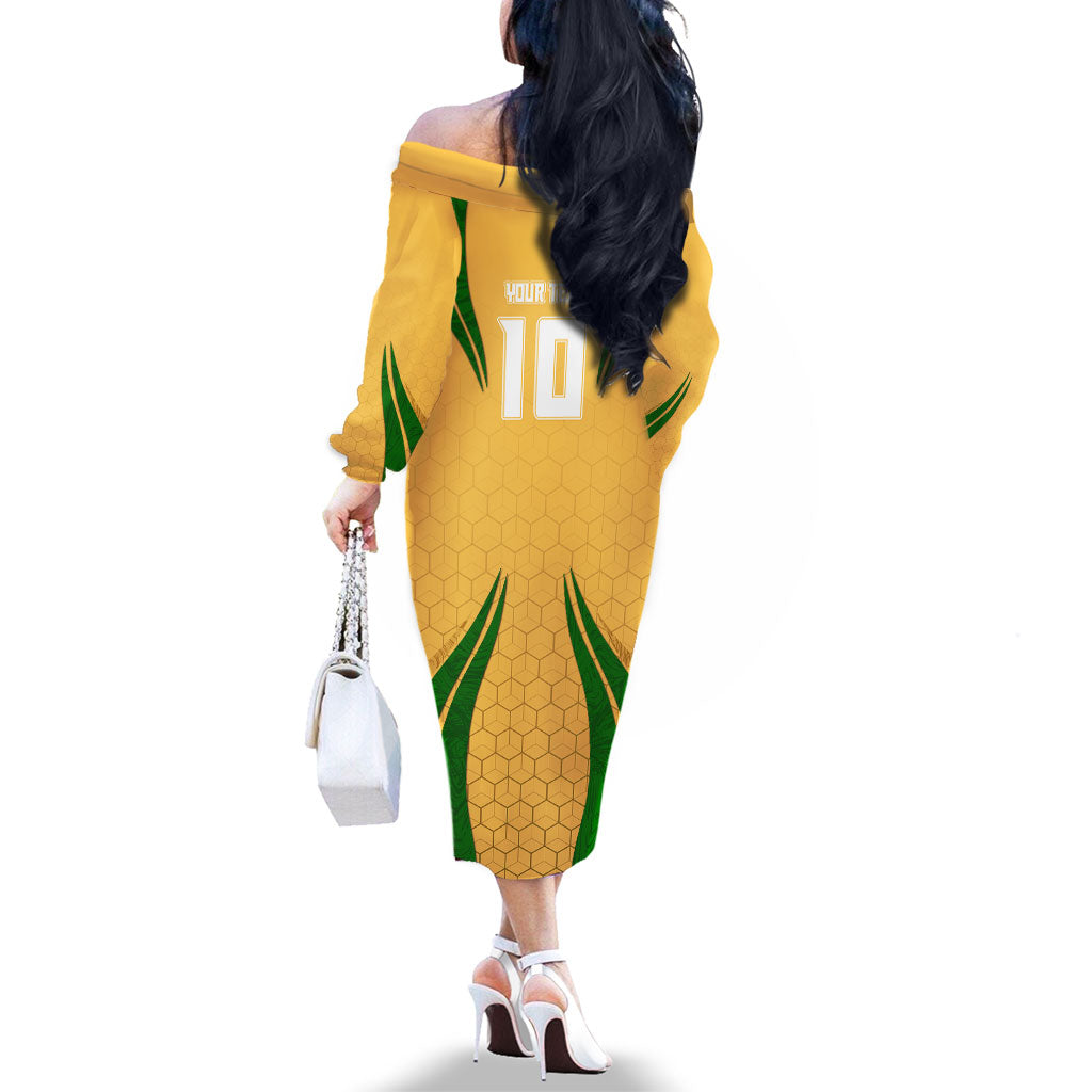 Personalized Australia Soccer Kangaroo Family Matching Off The Shoulder Long Sleeve Dress and Hawaiian Shirt Gold Green Aussie Football Mascot Dynamic Sports Graphic