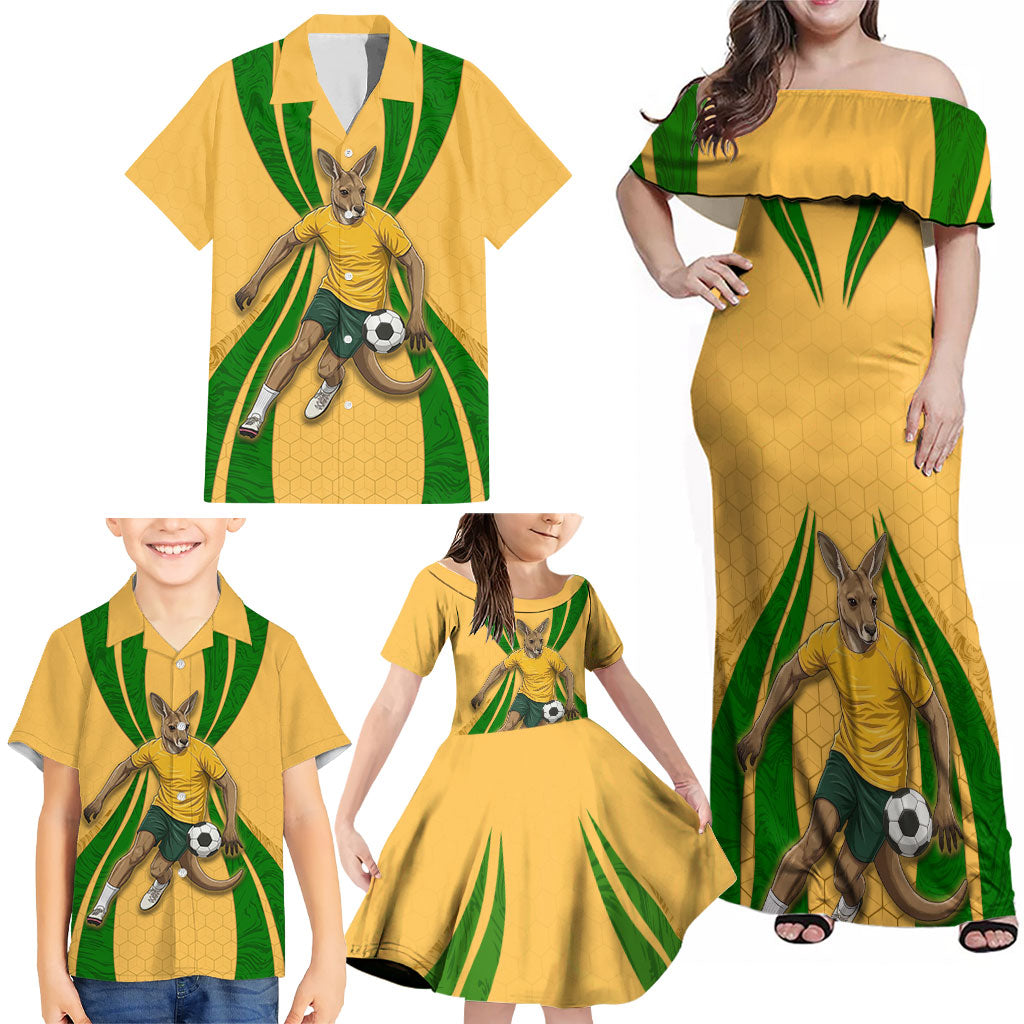 Personalized Australia Soccer Kangaroo Family Matching Off Shoulder Maxi Dress and Hawaiian Shirt Gold Green Aussie Football Mascot Dynamic Sports Graphic