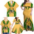 Personalized Australia Soccer Kangaroo Family Matching Off Shoulder Maxi Dress and Hawaiian Shirt Gold Green Aussie Football Mascot Dynamic Sports Graphic