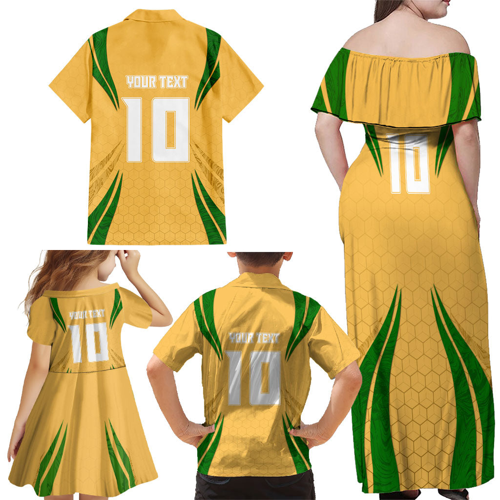 Personalized Australia Soccer Kangaroo Family Matching Off Shoulder Maxi Dress and Hawaiian Shirt Gold Green Aussie Football Mascot Dynamic Sports Graphic