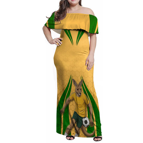 Personalized Australia Soccer Kangaroo Family Matching Off Shoulder Maxi Dress and Hawaiian Shirt Gold Green Aussie Football Mascot Dynamic Sports Graphic