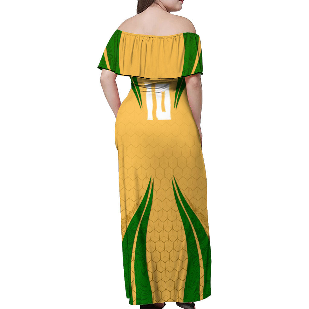 Personalized Australia Soccer Kangaroo Family Matching Off Shoulder Maxi Dress and Hawaiian Shirt Gold Green Aussie Football Mascot Dynamic Sports Graphic