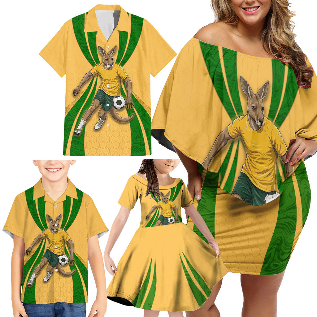 Personalized Australia Soccer Kangaroo Family Matching Off Shoulder Short Dress and Hawaiian Shirt Gold Green Aussie Football Mascot Dynamic Sports Graphic