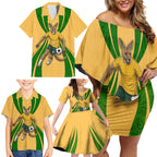 Personalized Australia Soccer Kangaroo Family Matching Off Shoulder Short Dress and Hawaiian Shirt Gold Green Aussie Football Mascot Dynamic Sports Graphic