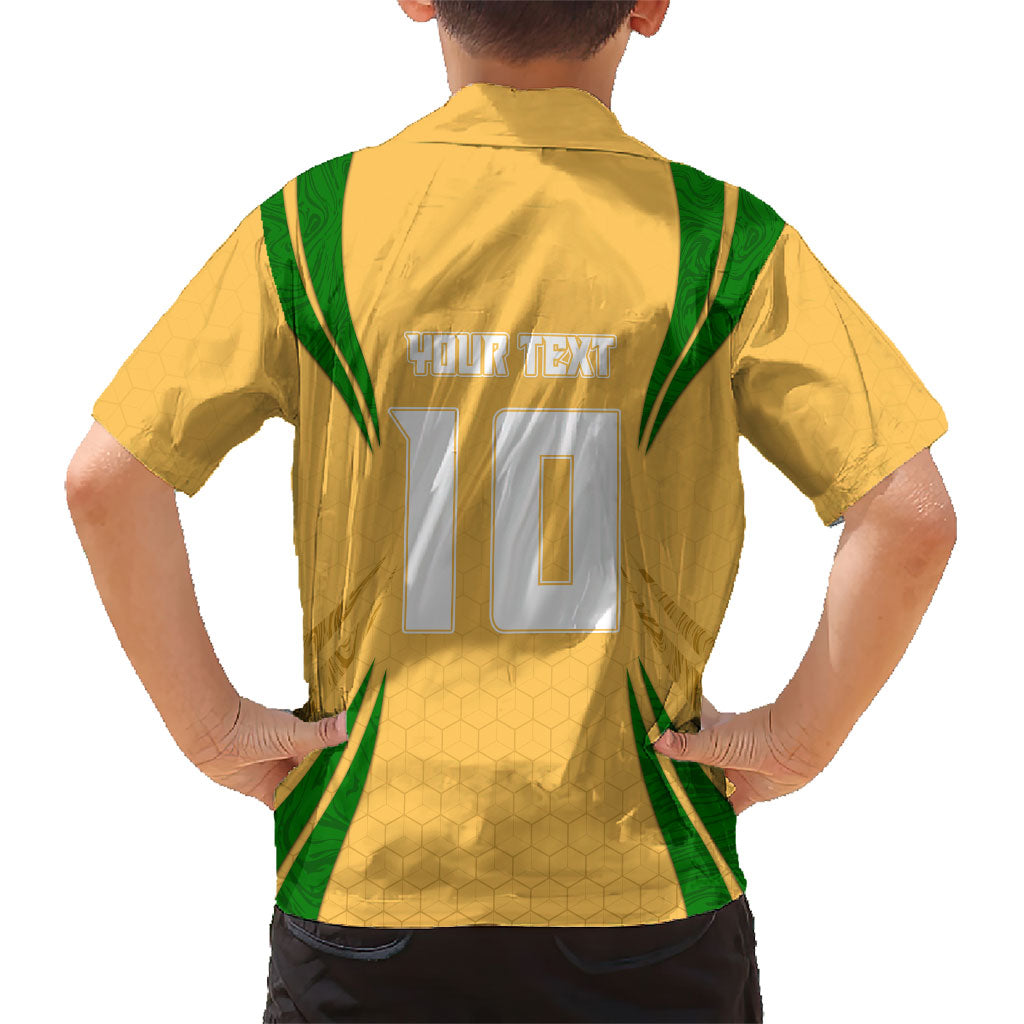 Personalized Australia Soccer Kangaroo Family Matching Off Shoulder Short Dress and Hawaiian Shirt Gold Green Aussie Football Mascot Dynamic Sports Graphic