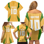 Personalized Australia Soccer Kangaroo Family Matching Off Shoulder Short Dress and Hawaiian Shirt Gold Green Aussie Football Mascot Dynamic Sports Graphic