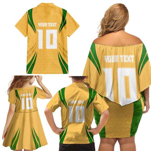 Personalized Australia Soccer Kangaroo Family Matching Off Shoulder Short Dress and Hawaiian Shirt Gold Green Aussie Football Mascot Dynamic Sports Graphic