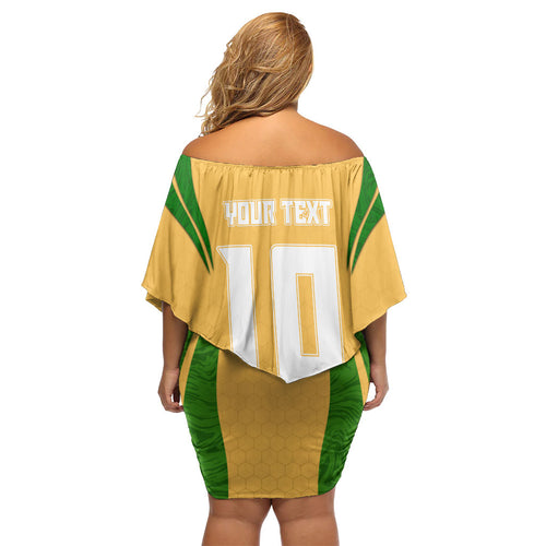 Personalized Australia Soccer Kangaroo Family Matching Off Shoulder Short Dress and Hawaiian Shirt Gold Green Aussie Football Mascot Dynamic Sports Graphic
