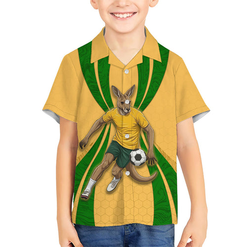 Personalized Australia Soccer Kangaroo Family Matching Off Shoulder Short Dress and Hawaiian Shirt Gold Green Aussie Football Mascot Dynamic Sports Graphic