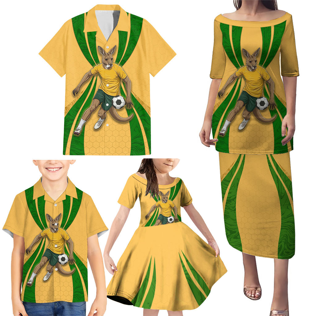 Personalized Australia Soccer Kangaroo Family Matching Puletasi and Hawaiian Shirt Gold Green Aussie Football Mascot Dynamic Sports Graphic