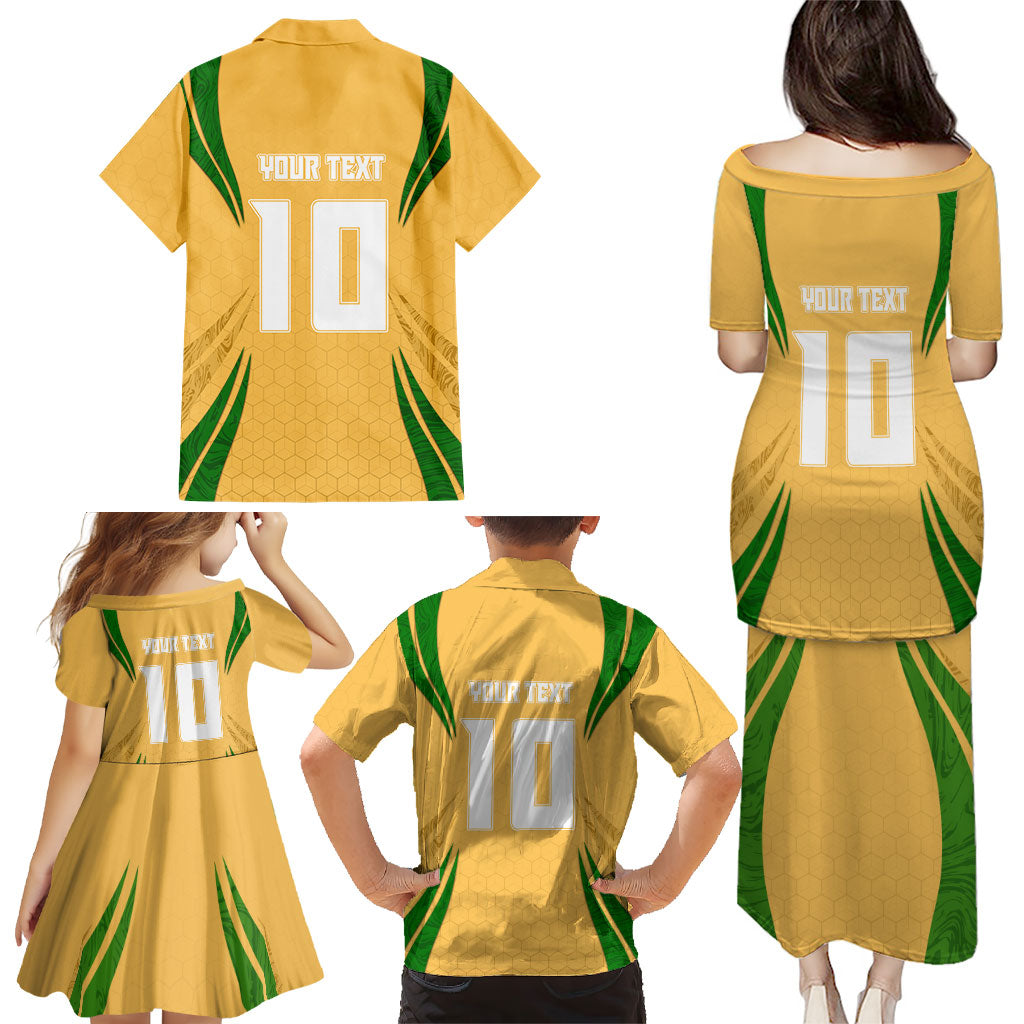 Personalized Australia Soccer Kangaroo Family Matching Puletasi and Hawaiian Shirt Gold Green Aussie Football Mascot Dynamic Sports Graphic