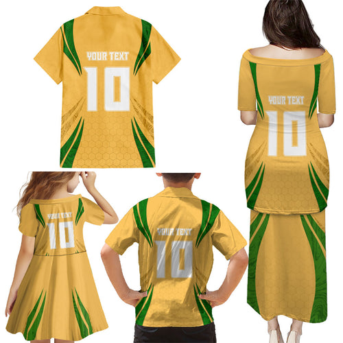 Personalized Australia Soccer Kangaroo Family Matching Puletasi and Hawaiian Shirt Gold Green Aussie Football Mascot Dynamic Sports Graphic