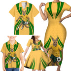 Personalized Australia Soccer Kangaroo Family Matching Short Sleeve Bodycon Dress and Hawaiian Shirt Gold Green Aussie Football Mascot Dynamic Sports Graphic