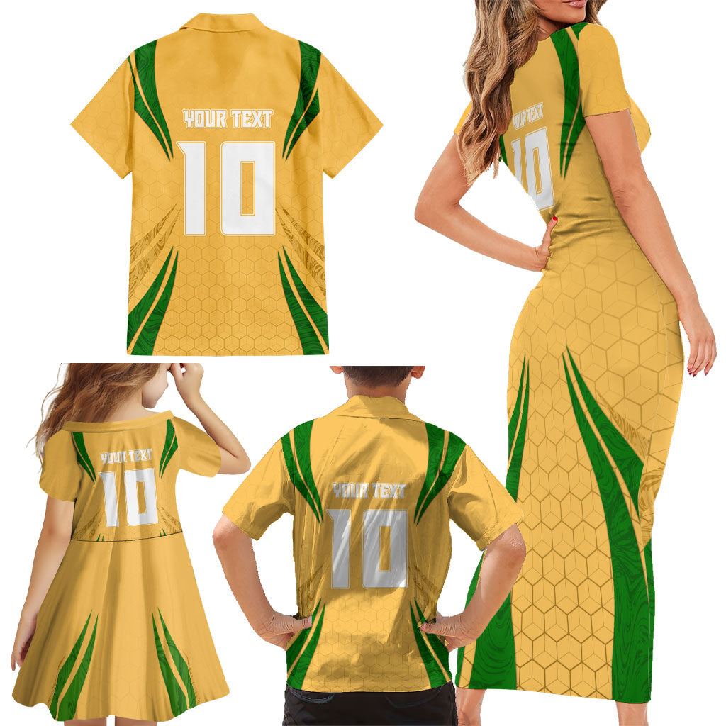 Personalized Australia Soccer Kangaroo Family Matching Short Sleeve Bodycon Dress and Hawaiian Shirt Gold Green Aussie Football Mascot Dynamic Sports Graphic