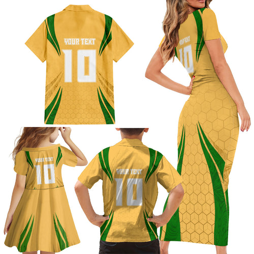 Personalized Australia Soccer Kangaroo Family Matching Short Sleeve Bodycon Dress and Hawaiian Shirt Gold Green Aussie Football Mascot Dynamic Sports Graphic