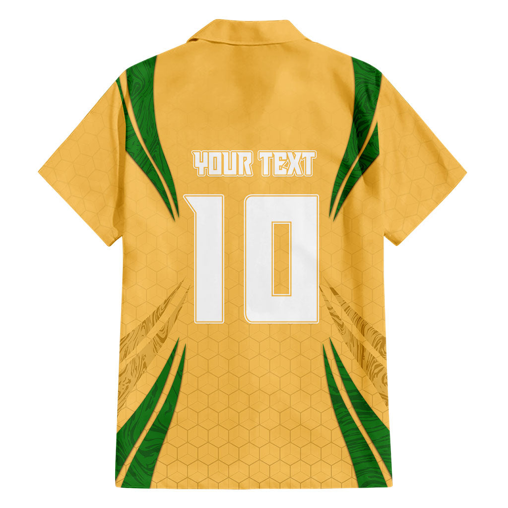 Personalized Australia Soccer Kangaroo Family Matching Short Sleeve Bodycon Dress and Hawaiian Shirt Gold Green Aussie Football Mascot Dynamic Sports Graphic