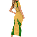Personalized Australia Soccer Kangaroo Family Matching Short Sleeve Bodycon Dress and Hawaiian Shirt Gold Green Aussie Football Mascot Dynamic Sports Graphic