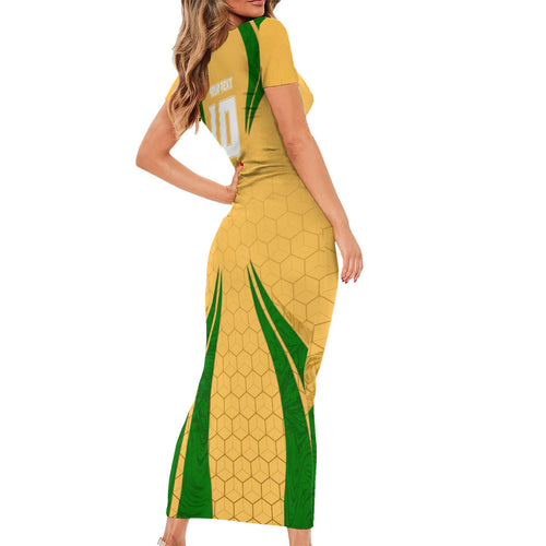 Personalized Australia Soccer Kangaroo Family Matching Short Sleeve Bodycon Dress and Hawaiian Shirt Gold Green Aussie Football Mascot Dynamic Sports Graphic