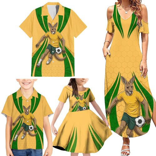 Personalized Australia Soccer Kangaroo Family Matching Summer Maxi Dress and Hawaiian Shirt Gold Green Aussie Football Mascot Dynamic Sports Graphic